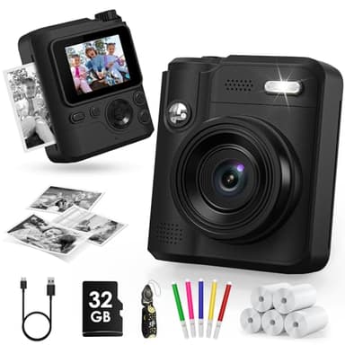 Gofunly Appareil Photo Instantané Enfants, 1080P Appareil Photo Numérique Enfant & Caméra Vidéo avec Carte de 32GB & 5 Rouleaux de Papier d'impression, Cadeaux pour Garçons & Filles de 3-12 Ans(Noir)