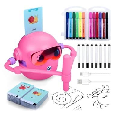 Robot de Dessin pour Enfants par MMOBIEL – Pictobot Jouet Éducatif Interactif avec 100 Cartes de Dessin, Guide Vocal, 12 Feutres Colorés & Batterie USB-C – Cadeau pour Filles, Garçons 3 à 9 Ans – Rose
