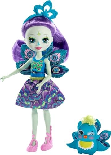 Enchantimals FXM74 Mini-poupée Patter Paon et Figurine Animale Flap, aux Longs Cheveux Violets, avec Jupe Amovible et Bandeau, Jouet pour Enfant, Multicolore