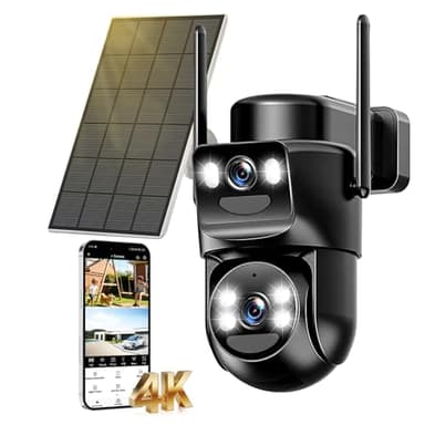 8MP Caméra Surveillance WiFi Extérieure sans Fil Double Objectif,4K Détection Humaine avec Panneau Solaire,360°Camera Exterieur,Vision Nocturne Couleur,Audio Bidirectionnel,Suivi Automatique,2.4G/5GHz