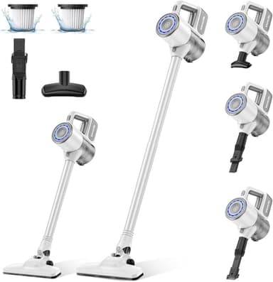 VersLife Aspirateur Balai sans Fil, Aspirateur sans Fil 30Kpa avec 30 Min d'Autonomie, 4 en 1 Aspirateur Balai sans Sac pour Les Poils d’Animaux, Tapis, Sols (Blanc)