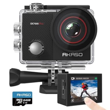 AKASO EK7000 Pro Caméra Sport 4K avec Carte MicroSDXC 64GB, 20MP WiFi Action Caméra Sportive avec Ecran Tactile, EIS Stabilisateur, Télécommande, 170° Angle Réglable, Étanche 40M et 2 Batteries