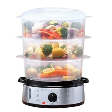 alpina Cuiseur Vapeur - 230V/800W - Cuiseur à vapeur 3 couches - Sans BPA - Lavable au lave-vaisselle - 0 à 60 minutes - Capacité de 9 litres - Gris