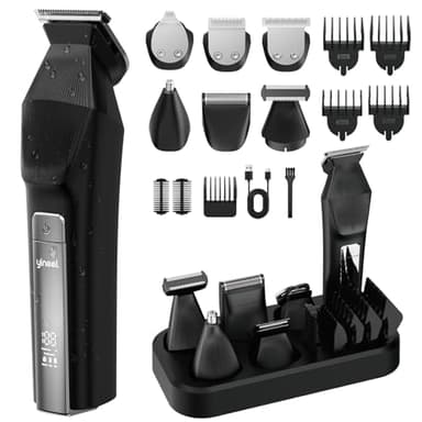 Yineel Tondeuse Barbe Homme, Tondeuse Cheveux Hommes sans Fil, Tondeuse 6-en-1 pour Cheveux/Corps/Nez/Barbe/Moustache/Contours, Rasoir Électrique avec Charge Type-C, Étanche IPX7, Cadeau Homme (Noir)