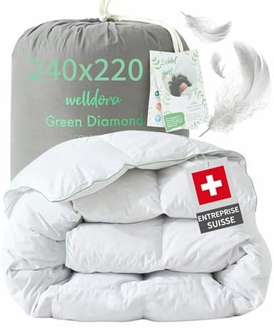 Welldora Couette 2 Personne Grand Confort 240x220 | 100% Plumes et Duvet Extradoux | Vérifiée par des Médecins, Oeko-Tex, Anti-Allergies, Certifiée RDS pour Le Bien-Être Animal | Couette Toute Saison