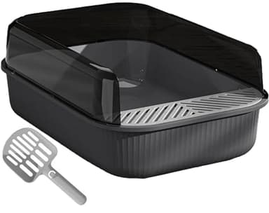 PawnTech Bac à Litière pour Chat XXL Esthétique 51x35x19 cm I Semi Ouverte - Anti-éclaboussure - Pelle de Nettoyage Inclus (Noir Sidéral)