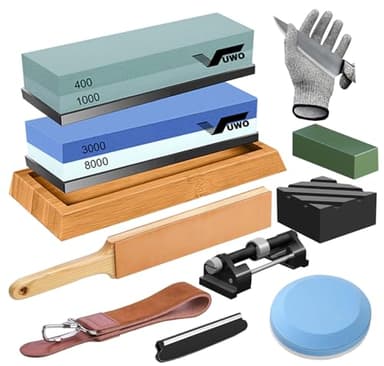 vuwo Pierre à Aiguiser - Japonaise Aiguiseur de Couteau Professionnel Double Face Grain 400/1000 et 3000/8000 avec Base en Bambou Antidérapante, Aiguiseur de Couteau, Guide d'Angle et Lanière en Cuir