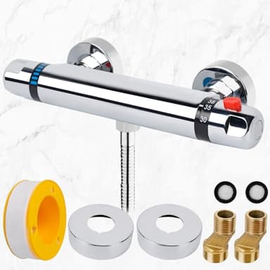 Mitigeur Douche Thermostatique, 150mm Douche Robinet Thermostatique avec Serrure Sécurité 38 ℃, Mitigeur pour Douche Murale Laiton/Chromé, Contrôle de température (20-50°C), Mitigeurs Thermostatique