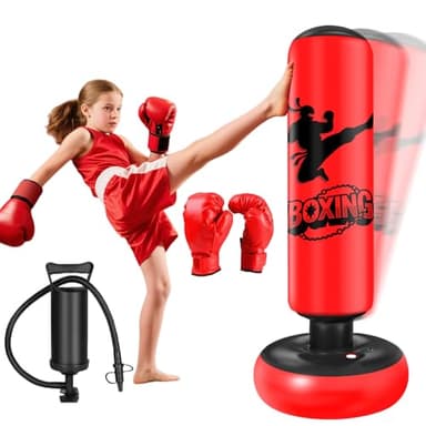 Qoosea Sac de Boxe pour Enfants 6 à 12 Ans, 160cm Gonflable Sac de Frappe sur Pied, Sac de Boxe Set de Formation avec Gants, Cadeau Parfait pour Garçons et Filles pour Karaté, Taekwondo