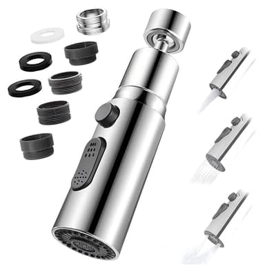 Aérateur de Robinet, 360° Pivotant Embout Robinet Cuisine avec 3 Modes Douchette Mousseur Robinet Economie Eau, Adaptateur Economiseur D'eau Pour Robinet Salle De Bain lavabo (Argent)