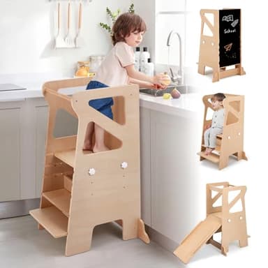 Labebe Tour d'apprentissage pour Enfants, Montessori avec Toboggan Tour d Observation, 4 en 1 Multifonctionnelle Tour d'apprentissage à Hauteur réglable pour Enfants