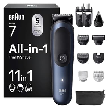 Braun Tondeuse Tout-En-Un Series 7, Kit 11-En-1, Lame ProBlade, Technologie AutoSense, 120 Min D'autonomie, Protection SkinGuard, Barbe En Dégradé, Manche AquaGrip Pratique Sous L'eau, AIO7540, Bleu