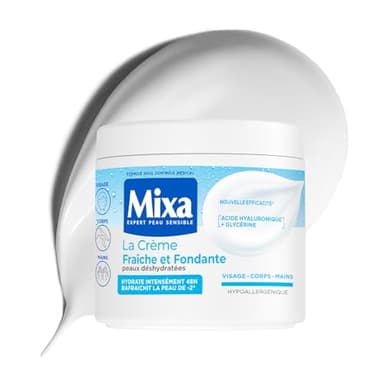 MIXA - Crème Hydratante Multi-Usages - Hydratation 48H & Effet Frais -2° - Acide Hyaluronique, Karité & Amande Douce - Peaux Sèches et Sensibles - Pot 400ml