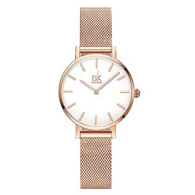 SHENGKE SK Montre pour Femme Ultra Fine et Minimaliste avec Deux Aiguilles et Bracelet en Cuir (Rosegold-Mesh)