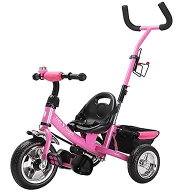 Spielwerk® Tricycle 2en1 Rose Enfants Barre de poussée siège Ceinture sécurité à 3 Points Panier Amovible Porte-Bouteille