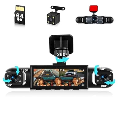 Inefala Dash Cam 4 Canaux, 360°1080P Dashcam Voiture Avant Arrière Intérieur, Carte SD 64G, Enregistrement en Boucle G-Sensor Vision Nocturne Grand Angle 150°Aide à la Marche Arrière