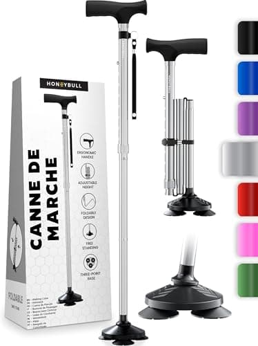 HoneyBull Canne de Marche Tripode en Aluminium pour Hommes et Femmes Pliable Réglable Robuste Tout Terrain Anti Dérapant, Aide à la Mobilité Personnes âgées (Argent)