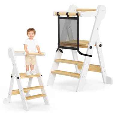 Niktulo Tour d'apprentissage Pliable Réglable en Hauteur sur 2 étages avec Sac en Filet,Tour d Observation Enfant de 1 à 6 Ans pour Enfants Montessori Learning Bois Naturel Kitchen Helper