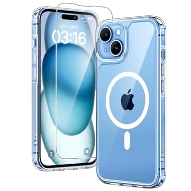TAURI Coque Magnétique pour iPhone 15 avec Protection écran, [Compatible avec MagSafe] Protection Anti-Choc Mince et Anti-Chute - Transparent