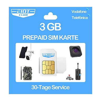 EIOTCLUB Carte SIM prépayée sans contrat, compatible avec réseau Vodafone & Telefónica, 3 Go pour 30 jours, données uniquement, pour caméra de surveillance LTE, caméra de chasse et traceur GPS
