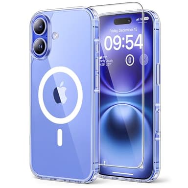 TAURI Coque Magnétique pour iPhone 16 avec Protection écran, [Compatible avec MagSafe] Protection Anti-Choc Mince et Anti-Chute - Transparent