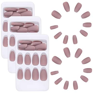 72 Pièces Faux Ongles Mat Nude Rose Faux Ongles de Cercueil à Couverture Complète avec Colle à Ongles, Limes à Ongles, Bâtons en Bois pour Femmes Filles Faveurs d’Ongles Bricolage