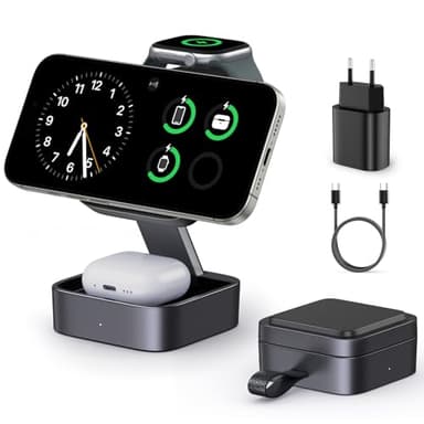 3-en-1 Station De Recharge pour Apple, Magnétique Pliable Rapide Chargeur de Voyage Compatible Mag-Safe pour iPhone 17e/17/16/15/14/13/12/Air Série, Apple Watch & Air-Pods Pro/4/3/2