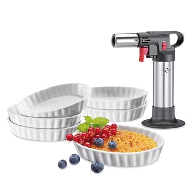 Küchenprofi Service à crème brûlée Deluxe 7 pièces - 1 chalumeau à flambée - 6 coupelles en porcelaine dure (85 ml) - Passe au four et au micro-ondes - Set crème brûlée avec brûleur et coupelles avec