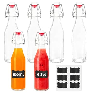 YOMKILU Lot de 6 Bouteille Verre 500ml avec Bouchon Mécanique, Bouteilles Vides à Remplir Fiole avec 6 Étiquettes, Bouteille Vide Verre pour Huile D'Olive, Vinaigre, Liqueur, Bière ou Eau Gazeuse