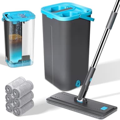 MASTERTOP Balai Serpillère et Seau Essoreur, Seau Balai Serpillière Rotatif 360°, Balai Microfibre Plat, Vadrouille Mains Libre pour Nettoyage Sol, avec 6 Tampons Réutilisables (Gris foncé)