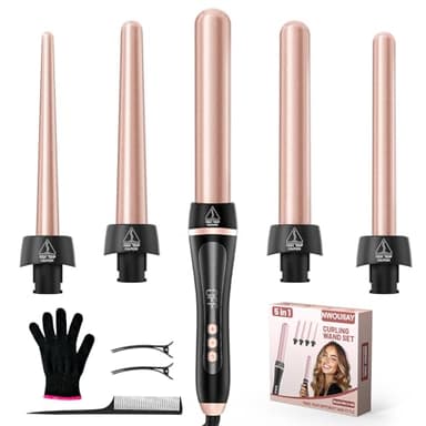 NWOUIIAY 5 en 1 Fer à Friser Professionnel Chauffage Rapide Fer à Boucler Céramique avec Températures Réglable de 80-230 ℃ LCD Écran et Interchangeable 9-32 mm pour Créer de Grosses Vagues