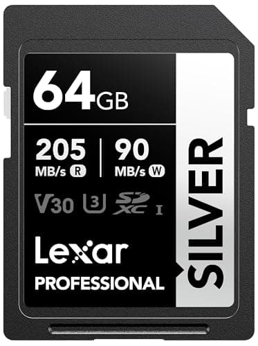 Lexar Silver Carte SD 64Go, UHS-I Carte SDXC Jusqu'à 205 Mo/s en Lecture, 90 Mo/s en écriture, V30, 4K UHD Video, U3, Classe 10, Carte Mémoire SDXC avec Lexar Lifetime Data Recovery