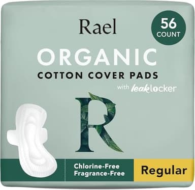 Rael Serviette Hygiénique en Coton Bio - Flux Modéré, Avec Ailettes, Ultra fin, Hypoallergéniques, Sans Parfum (Régulier, 56 Serviettes)