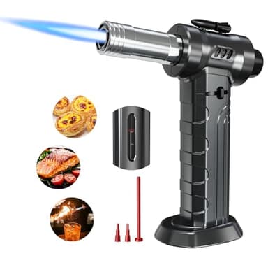 Megainvo Briquet à double flamme au butane rechargeable pour la cuisine, le bricolage, la crème brûlée, la soudure, le soudage avec verrouillage de sécurité et flamme réglable – Gaz butane non inclus