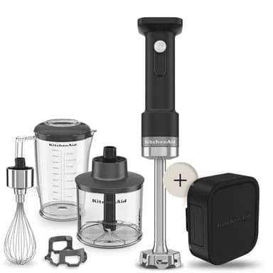 Kitchenaid Mixeur plongeant sans fil - Go Cordless - Mixeur portable avec Bol mélangeur de 1L - Fouet et haichoir inclus - Lame inox - Puissant - Protecteur antirayure - Avec batterie - Noir