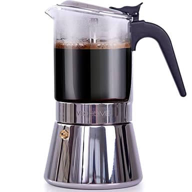 VeoHome Cafetière Italienne en verre et inox 360 ML – Cafetière Moka Induction, Gaz, Céramique Style Expresso – 7 tasses, Sûre et Lavable au Lave-Vaisselle