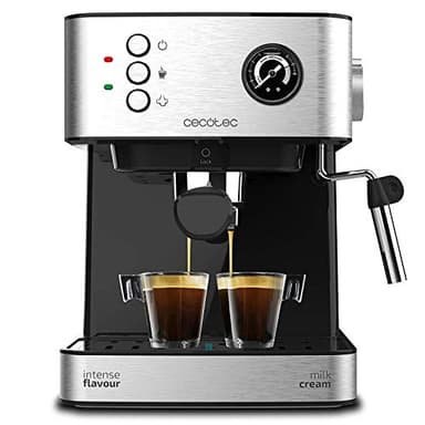 Cecotec Machine à Café Espress Power Espresso 20 Professionale, 850 W, 20 bars de Pression, Manomètre, 1,6L, Bras Double Sortie, Buse Vapeur, Plateau Réchauffe-Tasses, Finitions en Acier Inoxydable