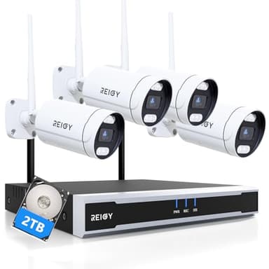 REIGY 8MP Kit Camera Surveillance WiFi Exterieure avec Disque Dur 2To, 4K Système Videosurveillance 16CH NVR+4X 2160P Camera, Audio Bidirectionnel Vision Nocturne Détection Mouvement IP66 Imperméable