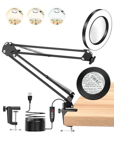TANYO Lampe Loupe sur Pied, 10X Lampe Loupe de Bureau avec Pince, 3 Modes de Couleur et 10 Niveaux de Luminosité Loupe Grossissante, Professionnels Loupe Eclairante pour la Lecture, Personnes âgées