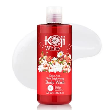 Koji White Gel douche éclaircissant à l'acide kojique pour la peau – Nettoyant hydratant quotidien pour la peau, teint inégal avec extraits d'acides de fleurs, acide hyaluronique, vitamine E et B5
