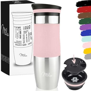 Milu Mug Isotherme Etanche 370ml 450ml Thermo Café-Thé I Tasse isolée pour café et thé à emporter, Double Paroi Isolée sous Vide, Acier Inoxydable I Tasse de voyage Chaud & froid (450ml, Rose)