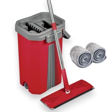 Balai Serpillière Mop Compact Malin – Kit Complet de Nettoyage avec Seau 2 Compartiments Nettoyer / Essorer – Manche 141 cm, Lingettes et Tête Plate et pivotante XL (Balai Pro + 2 Lingettes)