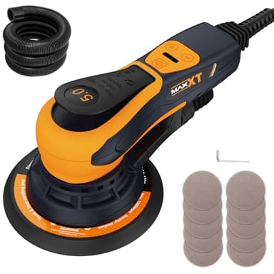 MAXXT Ponceuse electrique sans balais de 150 mm, Ponceuse orbitale 5,0mm, Frein automatique-2s, 6 vitesses réglables et 10 feuilles de papier de verre incluses, Câble de 5M