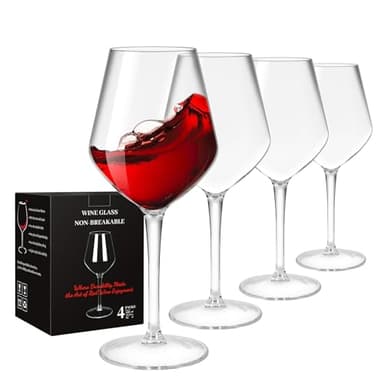 Lot de 4 Verres à vin, 440 ml Verres à Pied en Plastique Incassable pour vin Rouge ou Blanc, Sans BPA, Réutilisables, pour le Camping, les Fêtes, Noël, les Mariages ou les Anniversaires