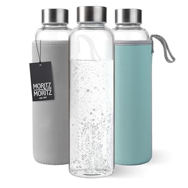 Moritz & Moritz Gourde en Verre Borosilicaté 500 ml avec Housse en Néoprène – Anti-fuite et Compatible Boissons Gazeuses – Bouteille Eau Verre pour Sport, Bureau, École et Voyage