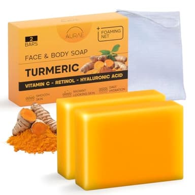 Savon Curcuma Visage contre les Taches, Éclaircissant & Hydratant, Doux Visage & Corps, Vit. C, Rétinol, Ac. Hyaluronique, Beurre de Karité, Huile Olive & Vit. E, Sans Parabènes & SLS(100g x 2 Savons)