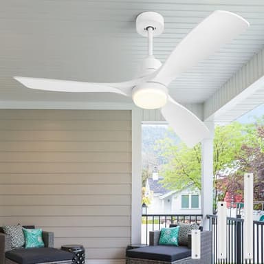 Forrovenco Ventilateur de plafond blanc silencieux avec lumière et télécommande, 132 cm, 3 températures de couleur, minuterie, moteur DC réversible, 3 pales, 3 tiges, terrasse et extérieur