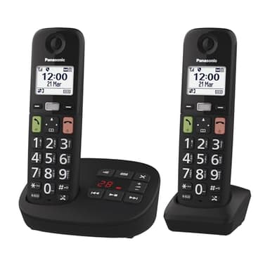 Panasonic KX-TGU132EXB Téléphone Numérique sans Fil avec Répondeur, Unité de Base et 2 Combinés, Écran LCD, Grosses Touches, Appel Favori, Compatible avec Les Appareils Auditifs, Noir