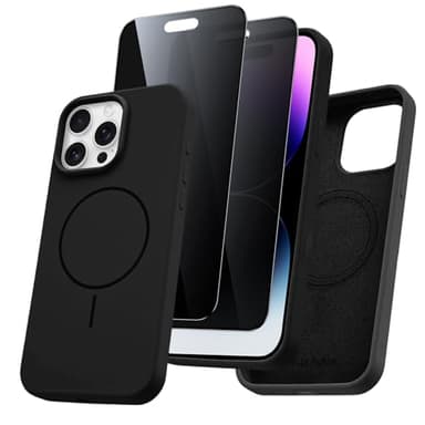 Pnakqil Coque pour iPhone 14 Pro Max/iPhone 13 Pro Max Compatible avec MagSafe, Magnétique Silicone Liquide avec 2 Pièces Verre Trempé Anti-Espion, Anti-Jaune Étui de Protection Antichoc Housse,Noir