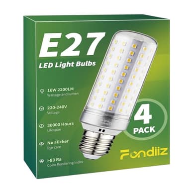 Fondiiz Ampoule E27 Blanc Neutre 4000K, 16W 2200LM Ampoule LED E27 Équivalent 200W Halogène, Lampe e27 Puissante Économie d'Énergie, Ampoules LED Intérieur E 27 Maïs 220-240V, Non-dimmable, Lot de 4
